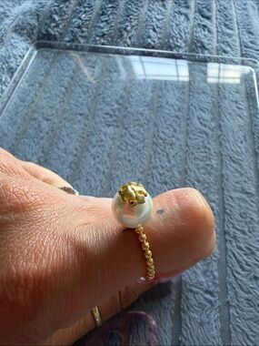 Tory Burch Gold Beaded Ring with White Pearl and Logo Cap size 8